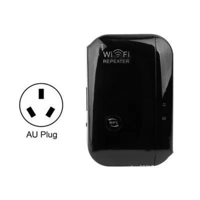 Black and white wifi signal booster repeater with network cable and multiple international plug types.