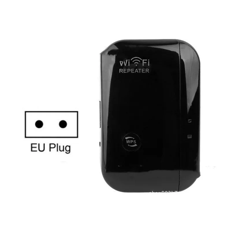 Black and white wifi signal booster repeater with network cable and multiple international plug types.