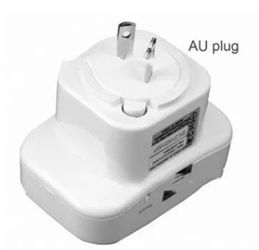 Black and white wifi signal booster repeater with network cable and multiple international plug types.