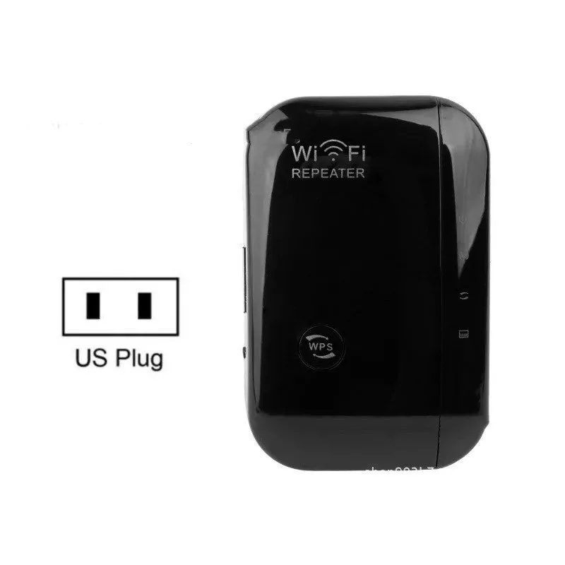 Black and white wifi signal booster repeater with network cable and multiple international plug types.
