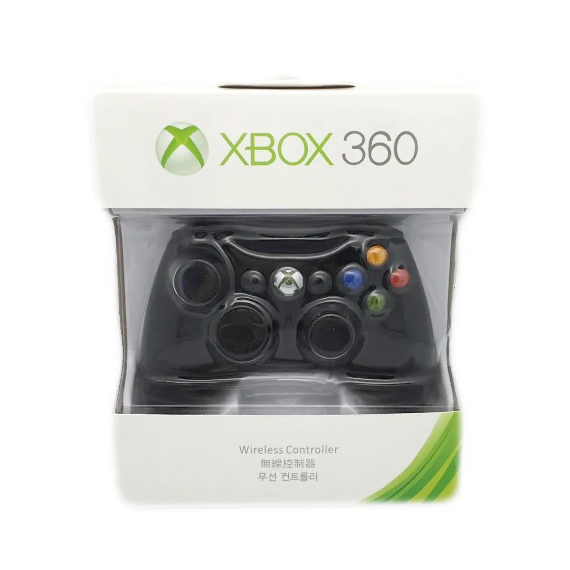 Xbox 360 Wireless Controller in black with thumbsticks, D-pad, and Xbox Guide button