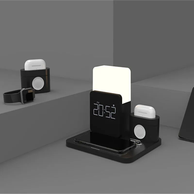 Dark green foldable Qi wireless charger stand with LED clock display charging a smartphone