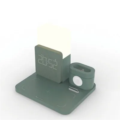 Dark green foldable Qi wireless charger stand with LED clock display charging a smartphone