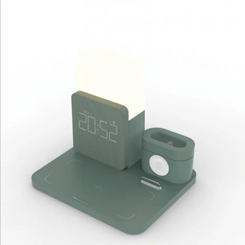 Dark green foldable Qi wireless charger stand with LED clock display charging a smartphone