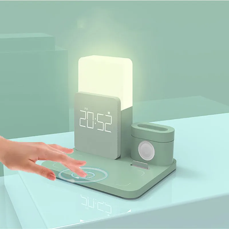 Dark green foldable Qi wireless charger stand with LED clock display charging a smartphone