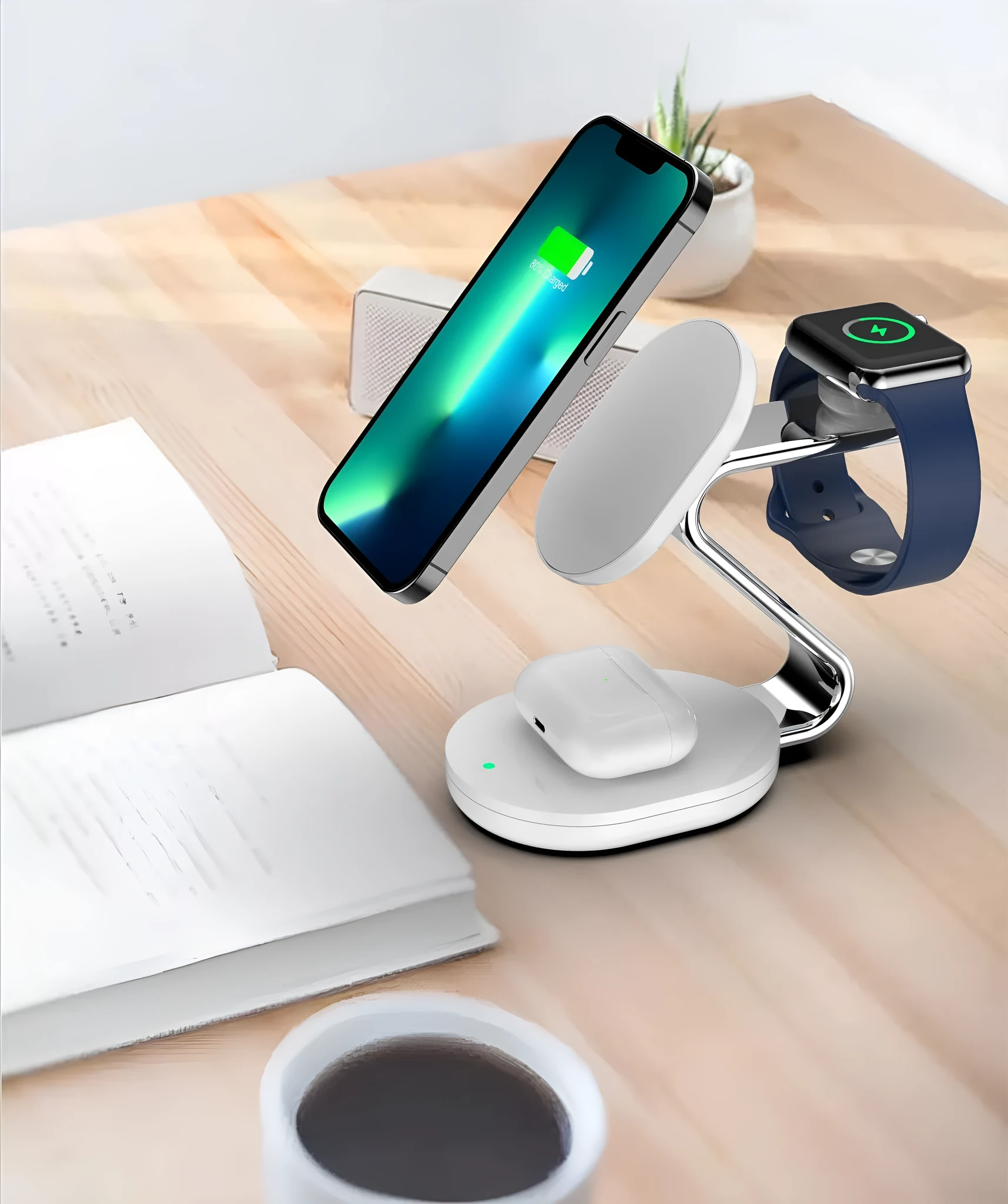 White plastic three-in-one magnetic wireless charger with indication function and USB interface