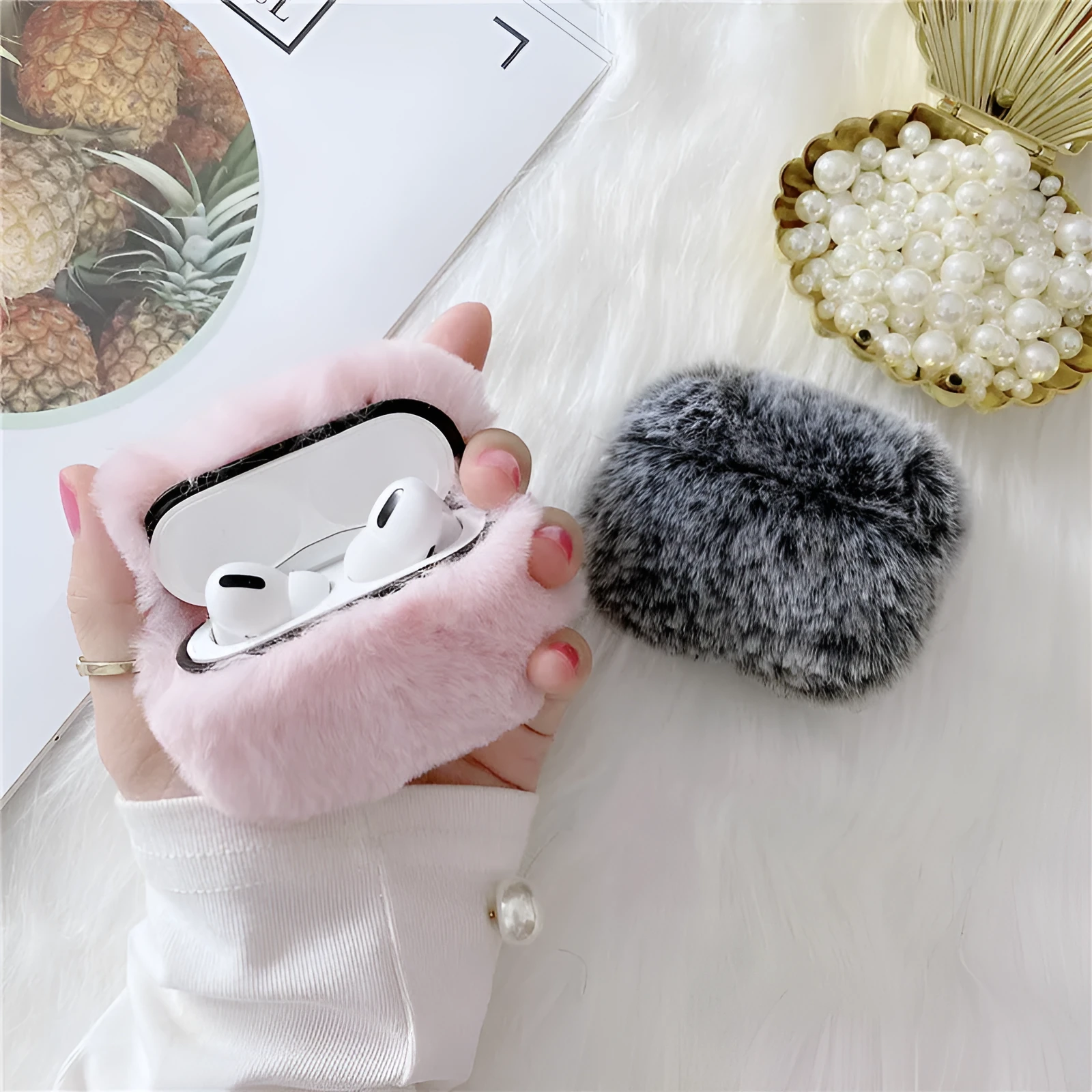 Pink plush flip-over earphone protector for Apple AirPods Generation 3 and Pro with simple cartoon style