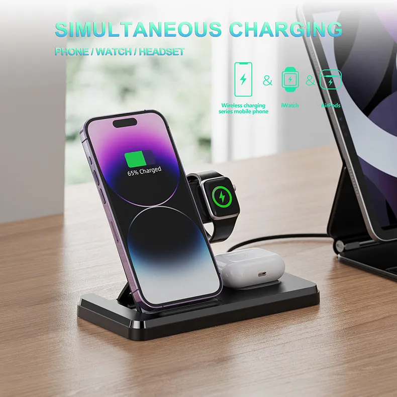 Folding bracket three-in-one wireless charger in black charging an iPhone, Apple Watch, and AirPods on a desk