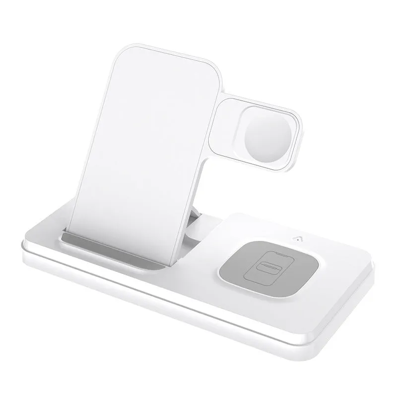 Folding bracket three-in-one wireless charger in black charging an iPhone, Apple Watch, and AirPods on a desk