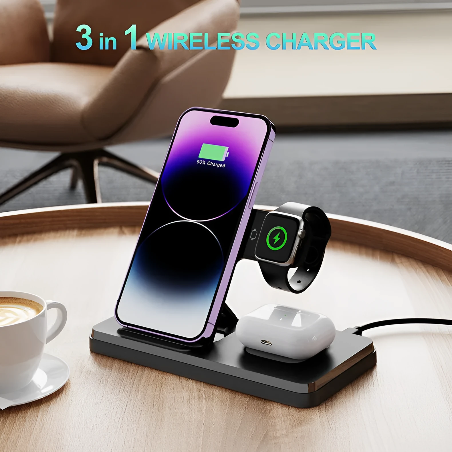 Folding bracket three-in-one wireless charger in black charging an iPhone, Apple Watch, and AirPods on a desk