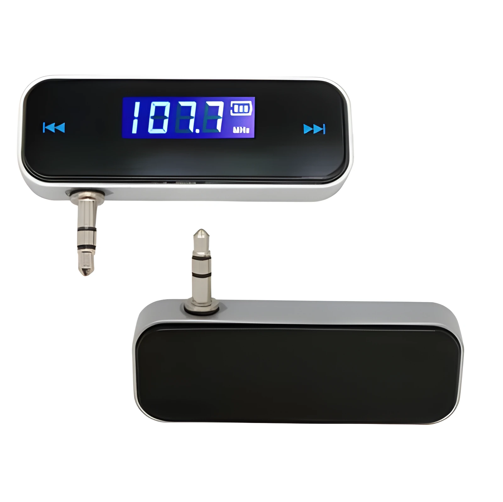 Black car FM transmitter with LCD display and 3.5mm aux cable for Android phones and other music players