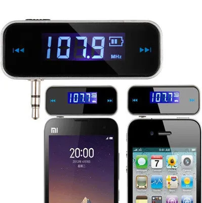 Black car FM transmitter with LCD display and 3.5mm aux cable for Android phones and other music players