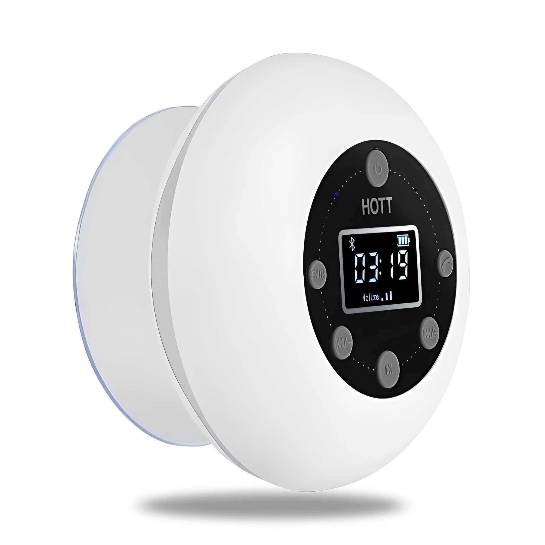 White waterproof Bluetooth speaker for bathroom with 12-hour battery and compact design