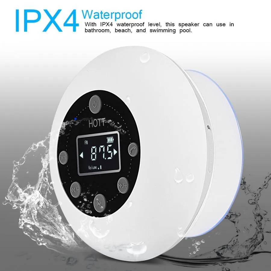 White waterproof Bluetooth speaker for bathroom with 12-hour battery and compact design