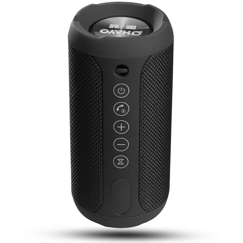 Black waterproof portable Bluetooth speaker with buttons for TF card, AUX, and Bluetooth playback.