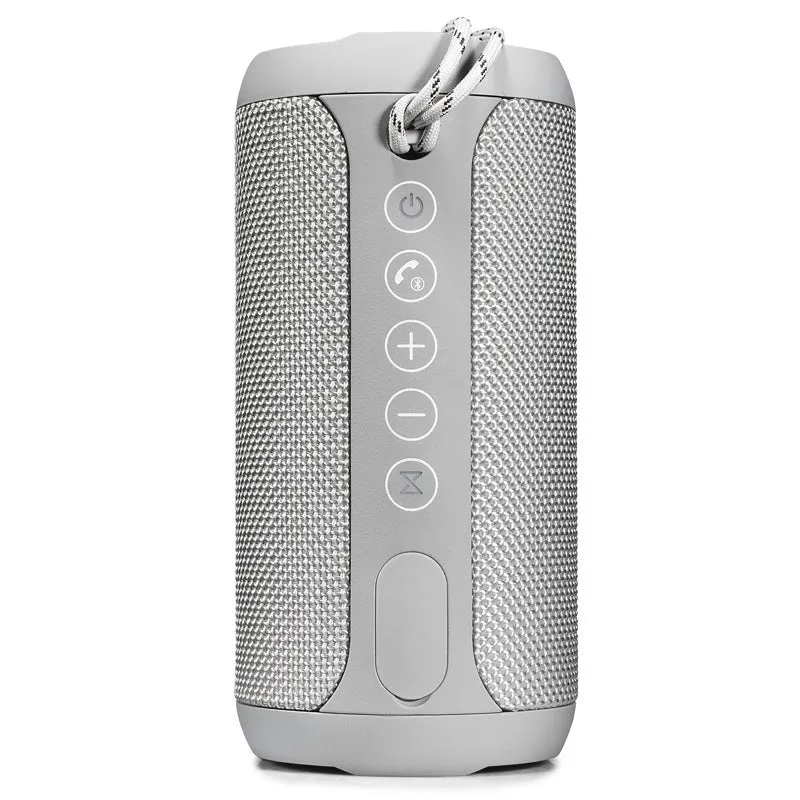 Black waterproof portable Bluetooth speaker with buttons for TF card, AUX, and Bluetooth playback.