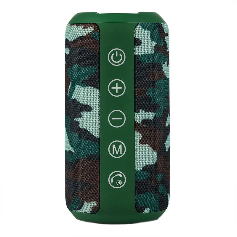 Black waterproof portable Bluetooth speaker with buttons for TF card, AUX, and Bluetooth playback.