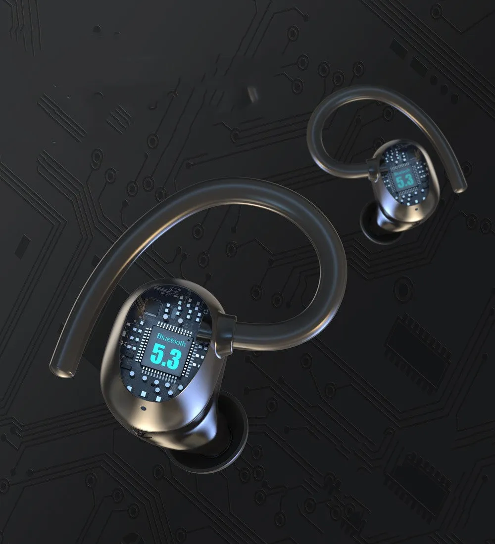 Sports waterproof headphones with digital display and breathing light in ear-hanging design