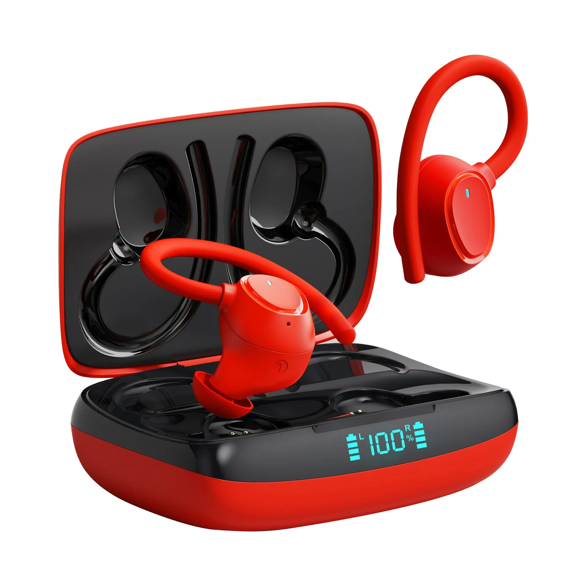 Sports waterproof headphones with digital display and breathing light in ear-hanging design