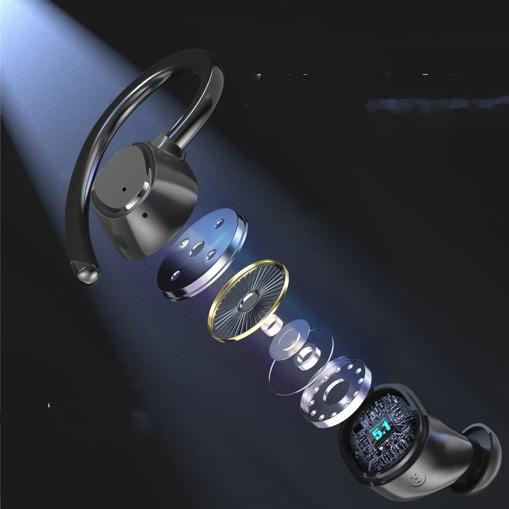 Sports waterproof headphones with digital display and breathing light in ear-hanging design