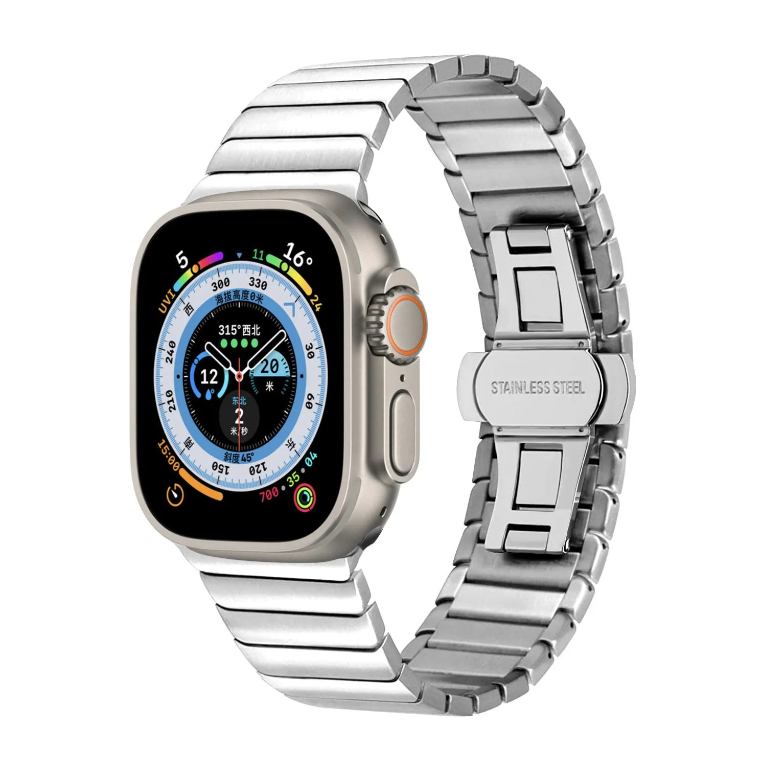 Stainless steel strap with bow buckle suitable for Apple Watch 8, 316 metal band in silver