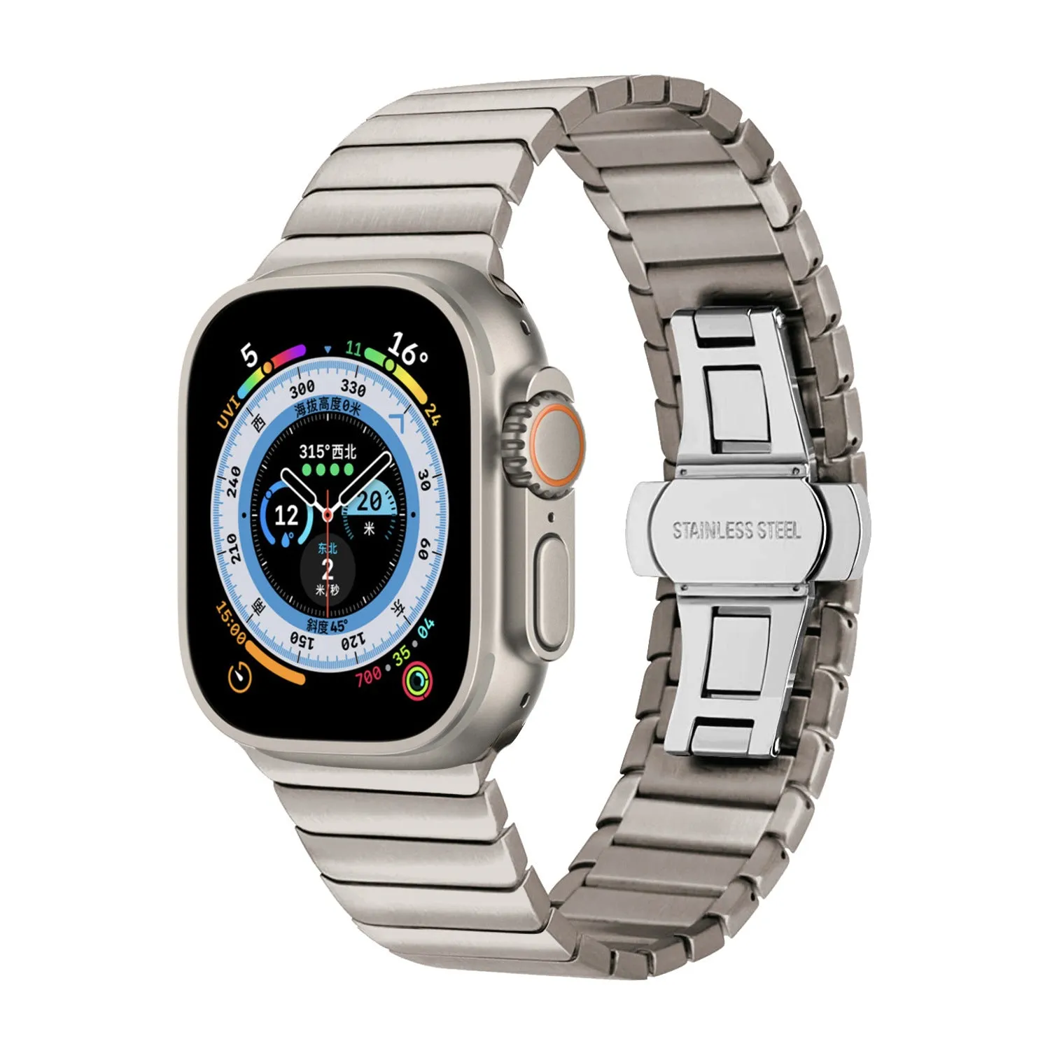 Stainless steel strap with bow buckle suitable for Apple Watch 8, 316 metal band in silver