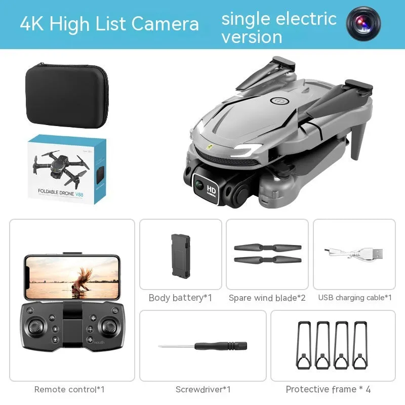 Four-axis toy drone in black with camera, under 30cm, on grey background