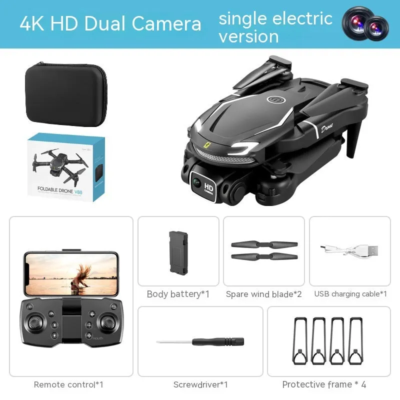 Four-axis toy drone in black with camera, under 30cm, on grey background