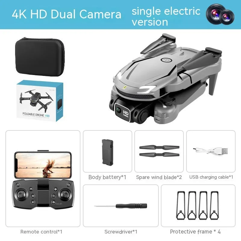 Four-axis toy drone in black with camera, under 30cm, on grey background