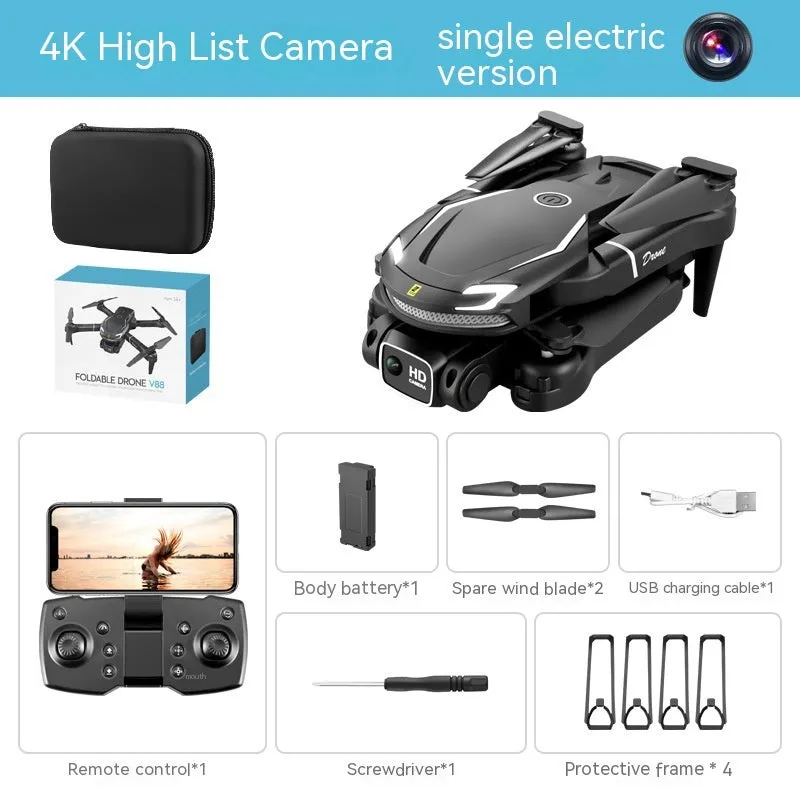 Four-axis toy drone in black with camera, under 30cm, on grey background