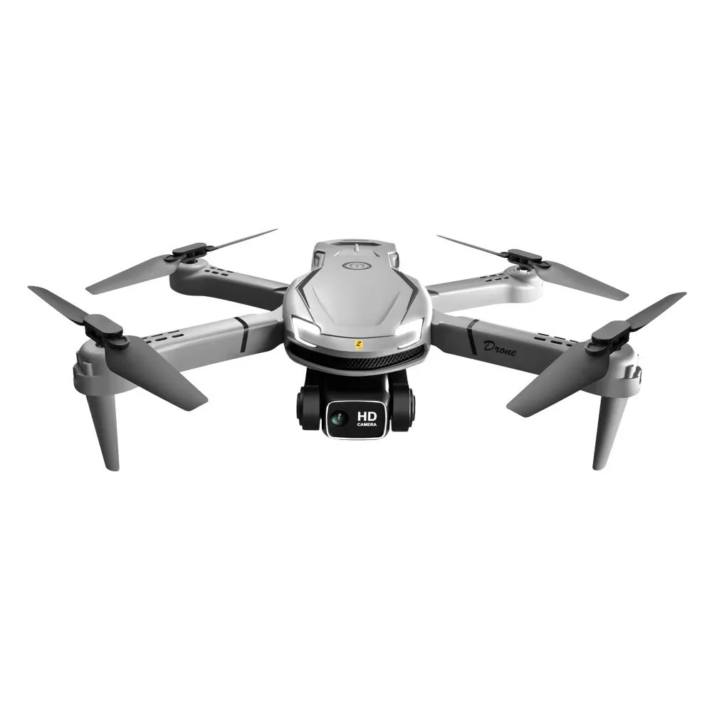 Four-axis toy drone in black with camera, under 30cm, on grey background