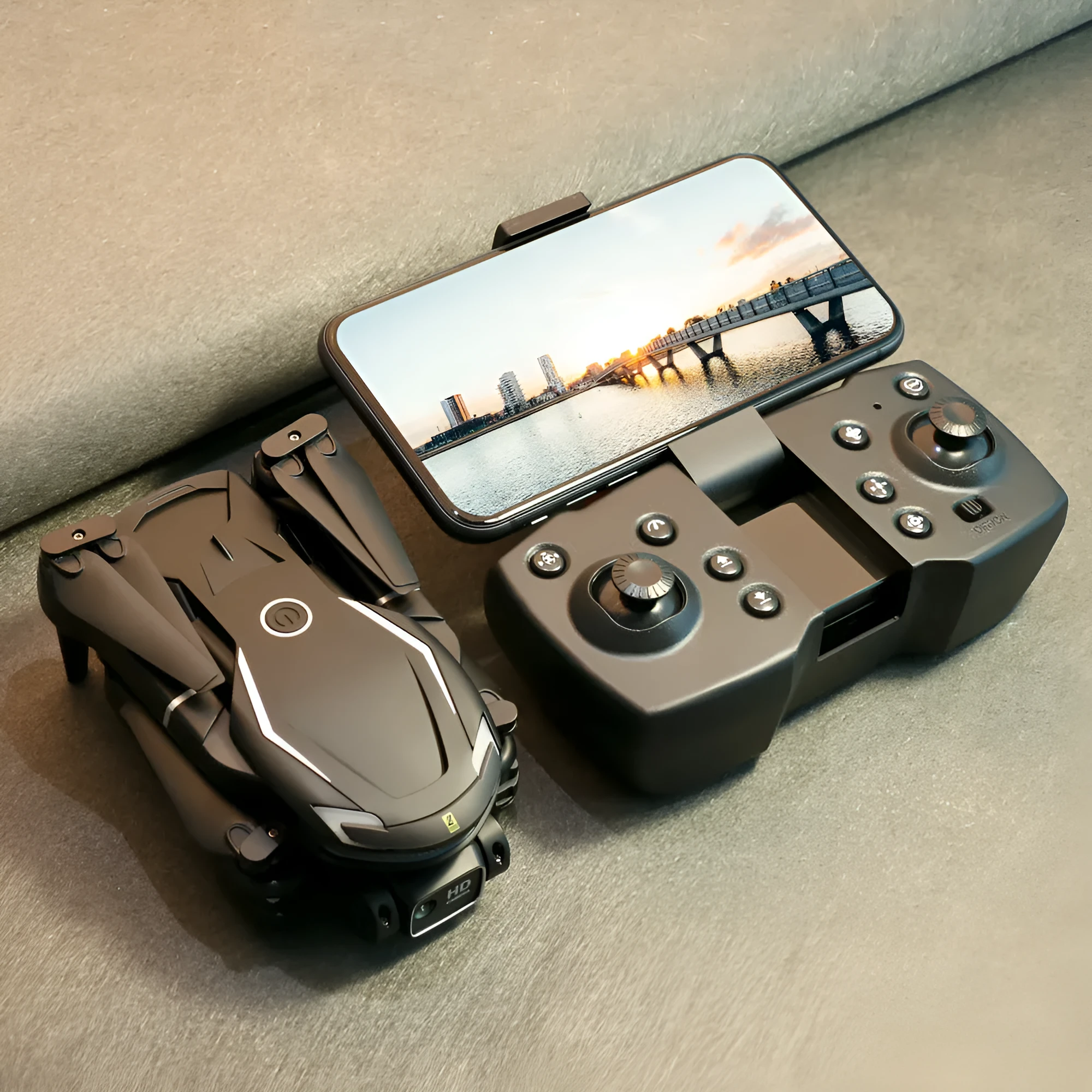 Four-axis toy drone in black with camera, under 30cm, on grey background