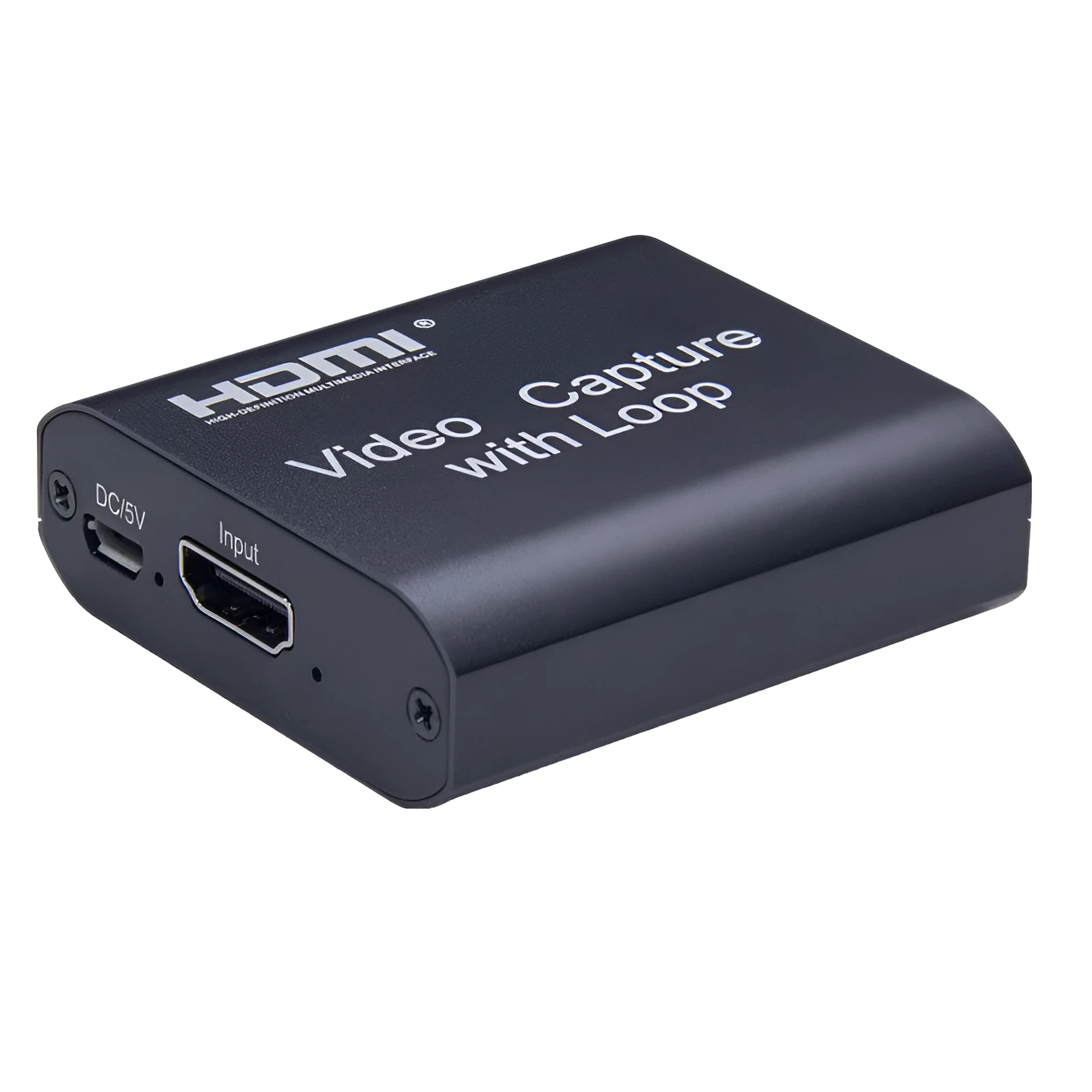 Black HDMI 4K video capture card with loop out USB interface for live streaming and recording