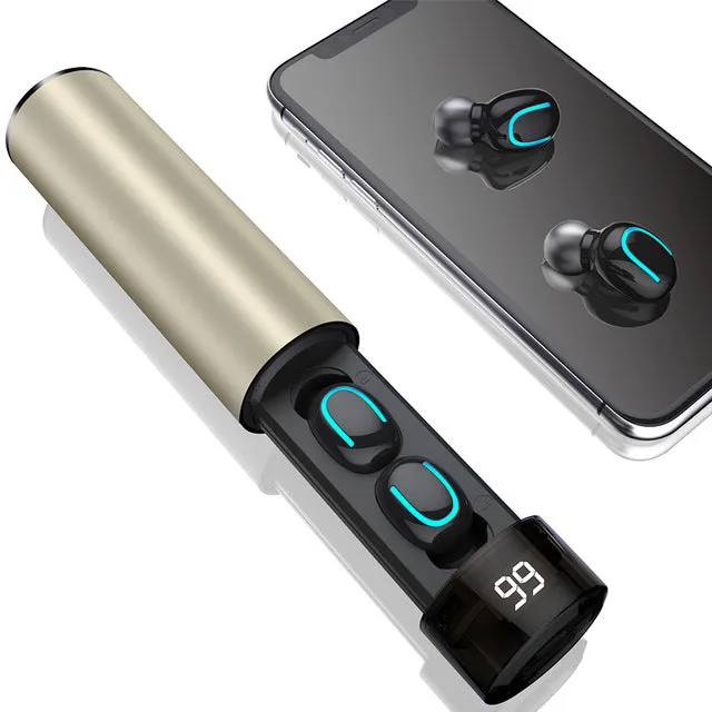 Q67 Bluetooth headset sports running TWS double ears wireless earbuds with charging case in golden and black colours