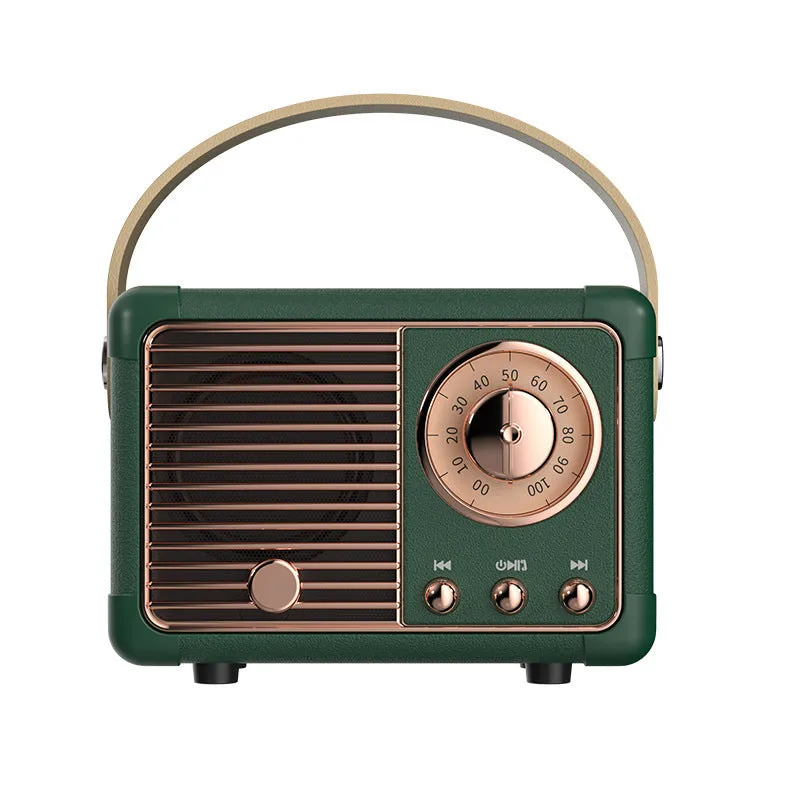 Portable retro Bluetooth speaker in black, showing compact size and classic design with USB interface