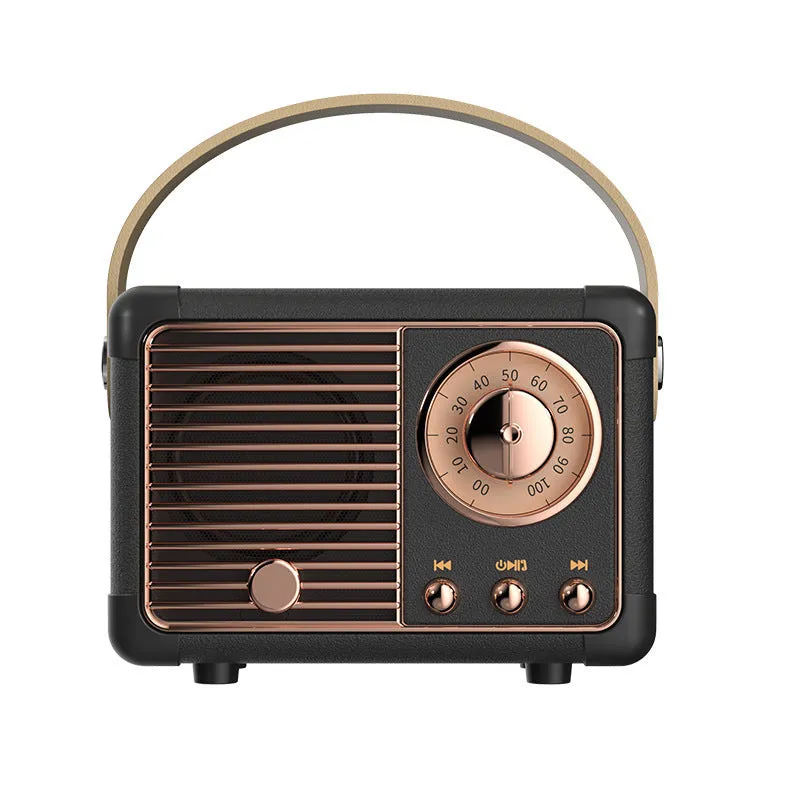 Portable retro Bluetooth speaker in black, showing compact size and classic design with USB interface