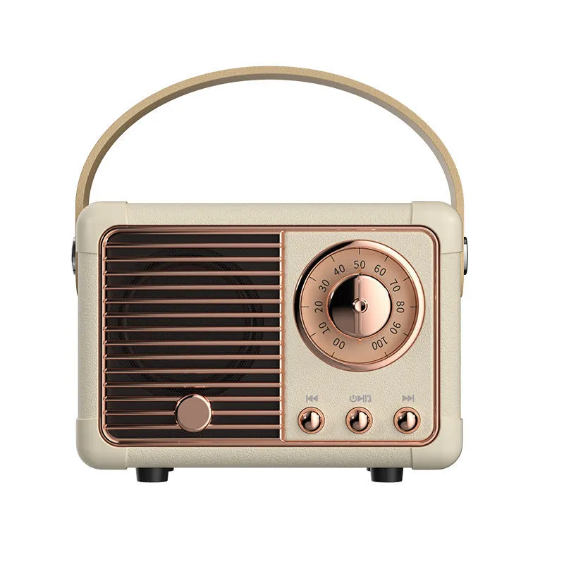 Portable retro Bluetooth speaker in black, showing compact size and classic design with USB interface
