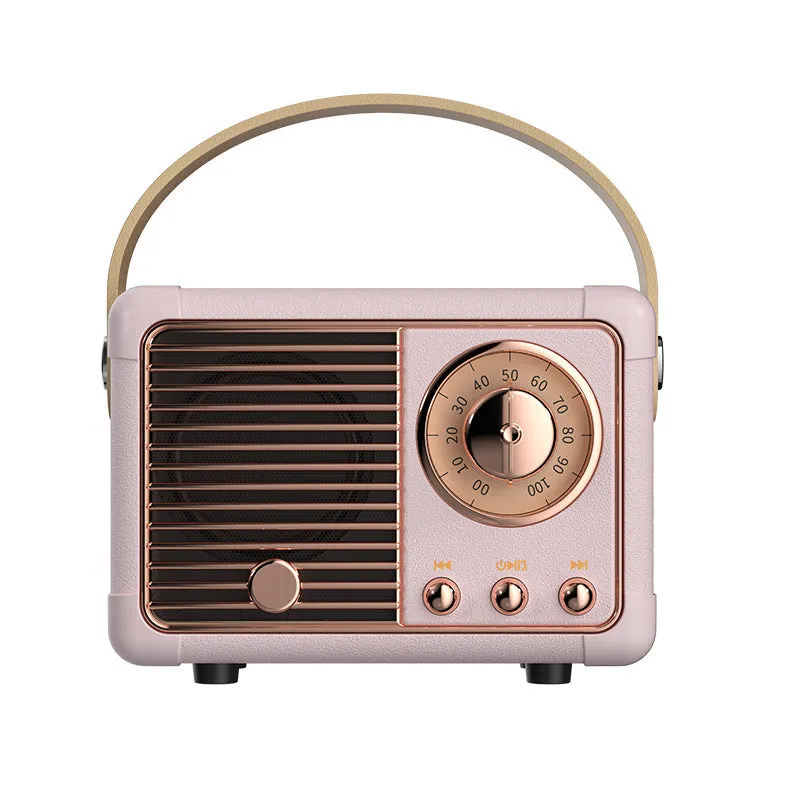 Portable retro Bluetooth speaker in black, showing compact size and classic design with USB interface