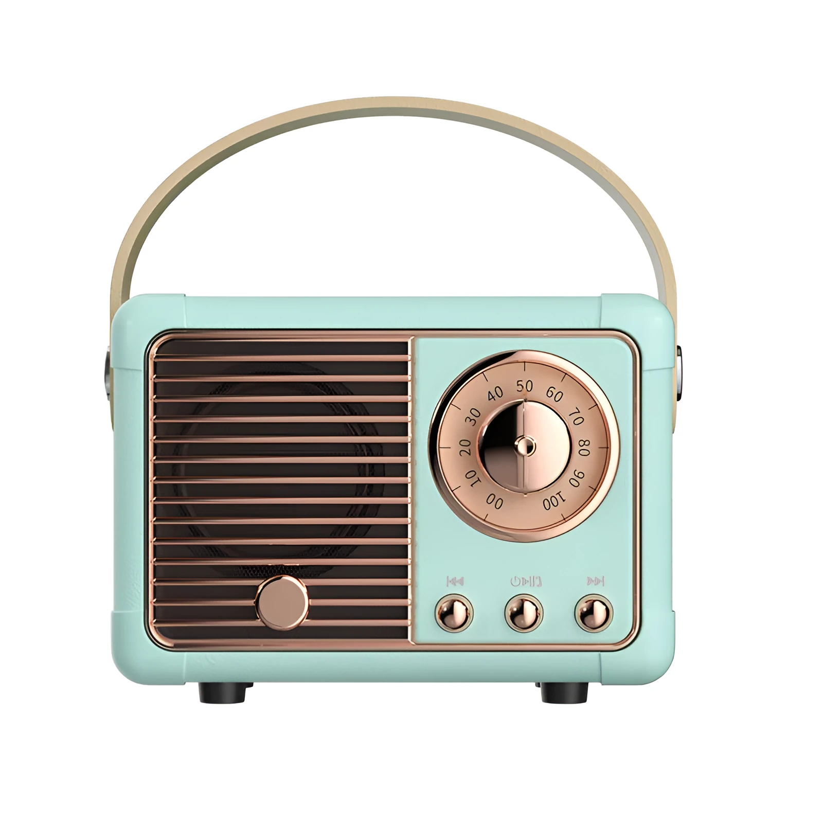 Portable retro Bluetooth speaker in black, showing compact size and classic design with USB interface