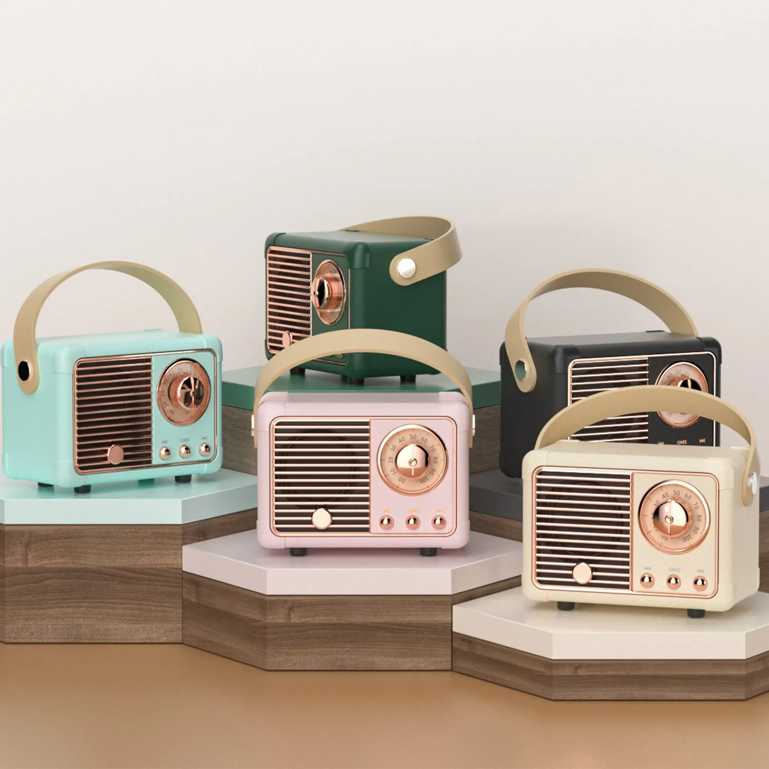 Portable retro Bluetooth speaker in black, showing compact size and classic design with USB interface