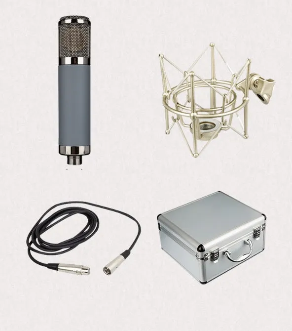 Condenser microphone with 34mm gold diaphragm and cardioid pickup on shockproof rack