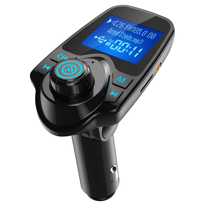 Black G7 Bluetooth car FM transmitter and hands-free kit plugged into a 12V car socket