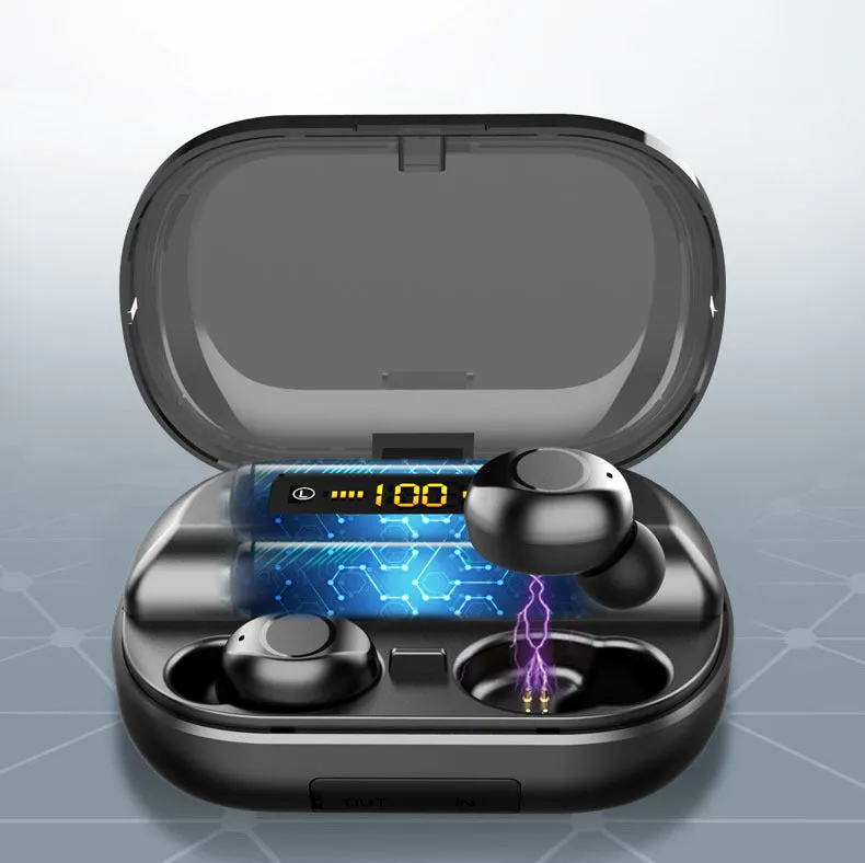 Wireless Bluetooth headset earbuds in black with battery display and stereo sound