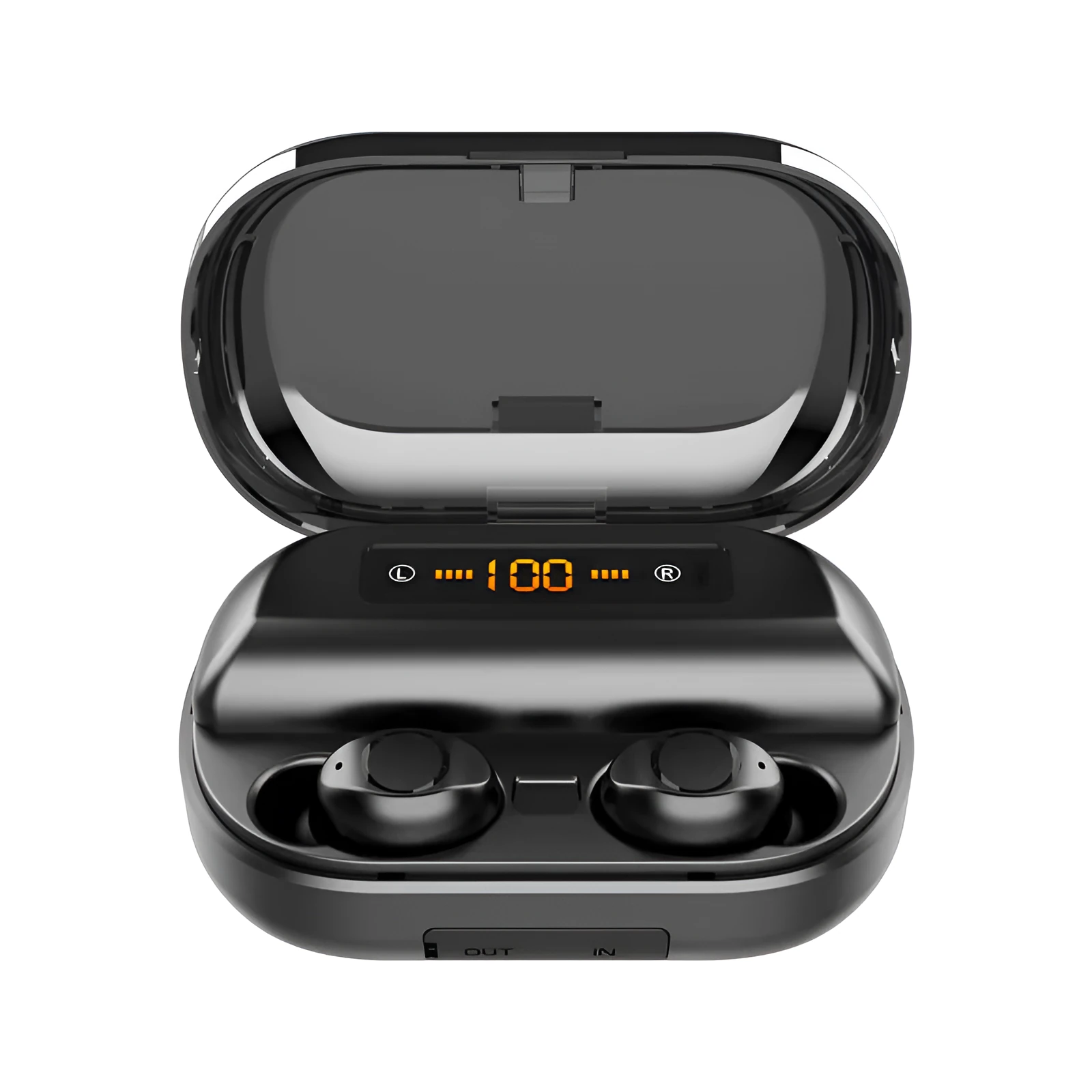 Wireless Bluetooth headset earbuds in black with battery display and stereo sound