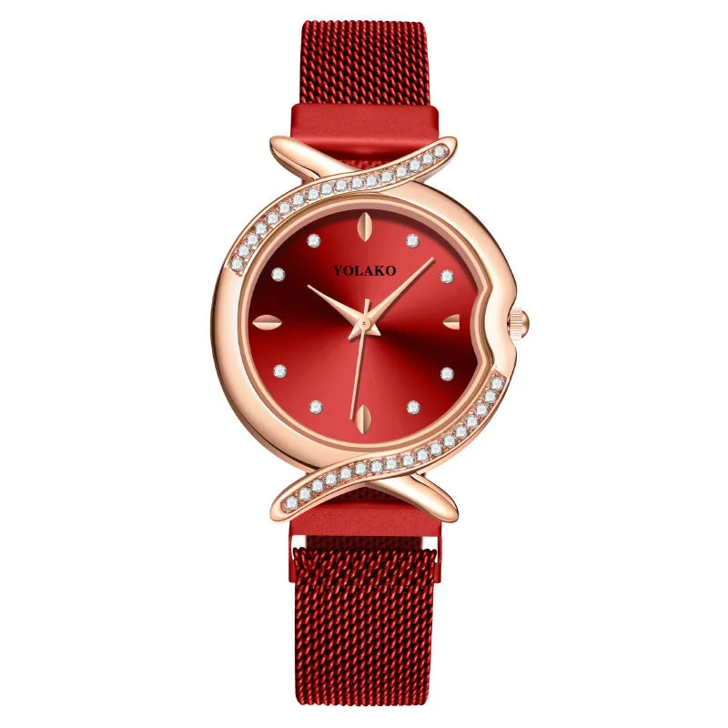 Diamond ladies quartz watch with round 32mm metal dial, metal strap, and 24-hour subdial on a white background