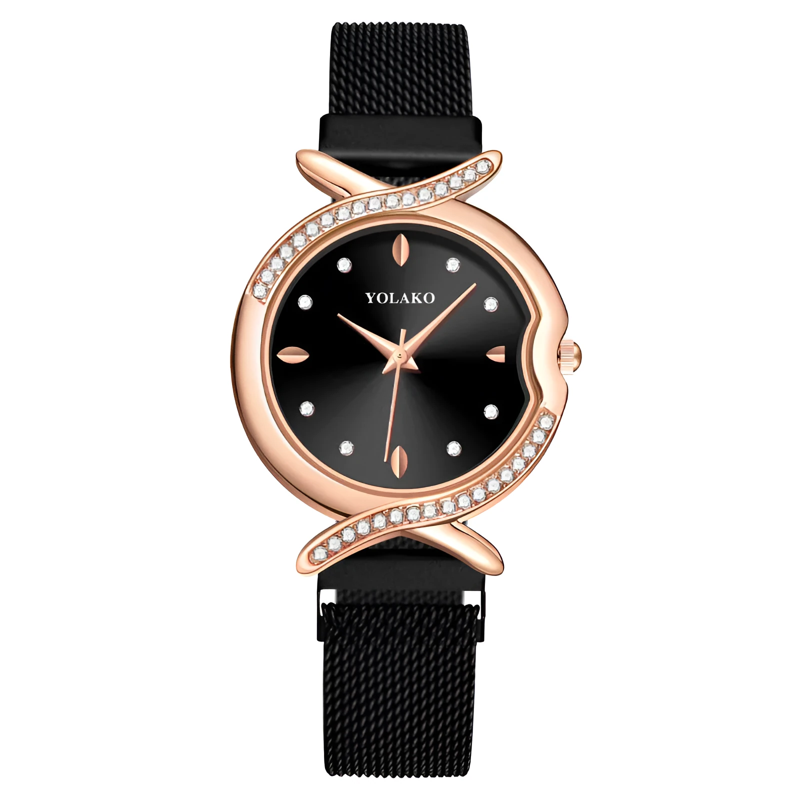 Diamond ladies quartz watch with round 32mm metal dial, metal strap, and 24-hour subdial on a white background