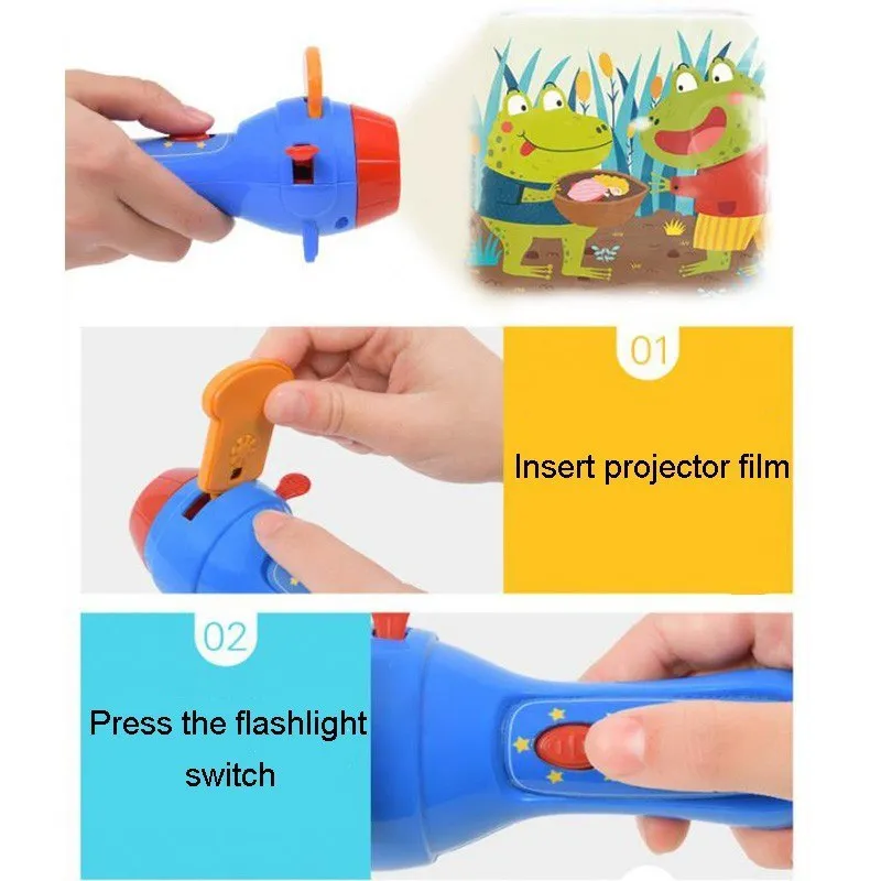 SmartKids kids storybook projector torch with four fairy tale discs projecting image on wall
