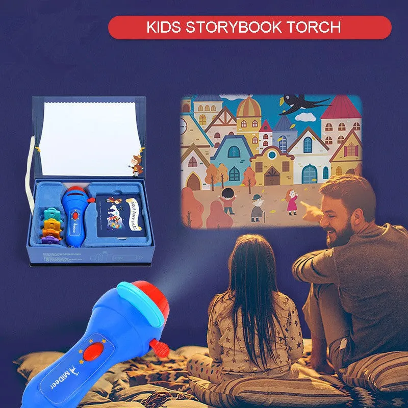 SmartKids kids storybook projector torch with four fairy tale discs projecting image on wall