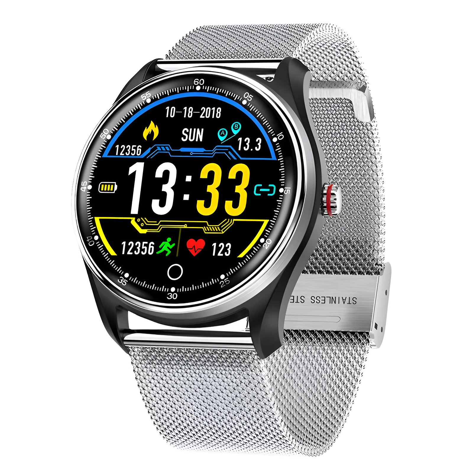 Heying smart bracelet men's sports watch with metal case, heart rate monitor, step counter, and remote selfie on a wrist