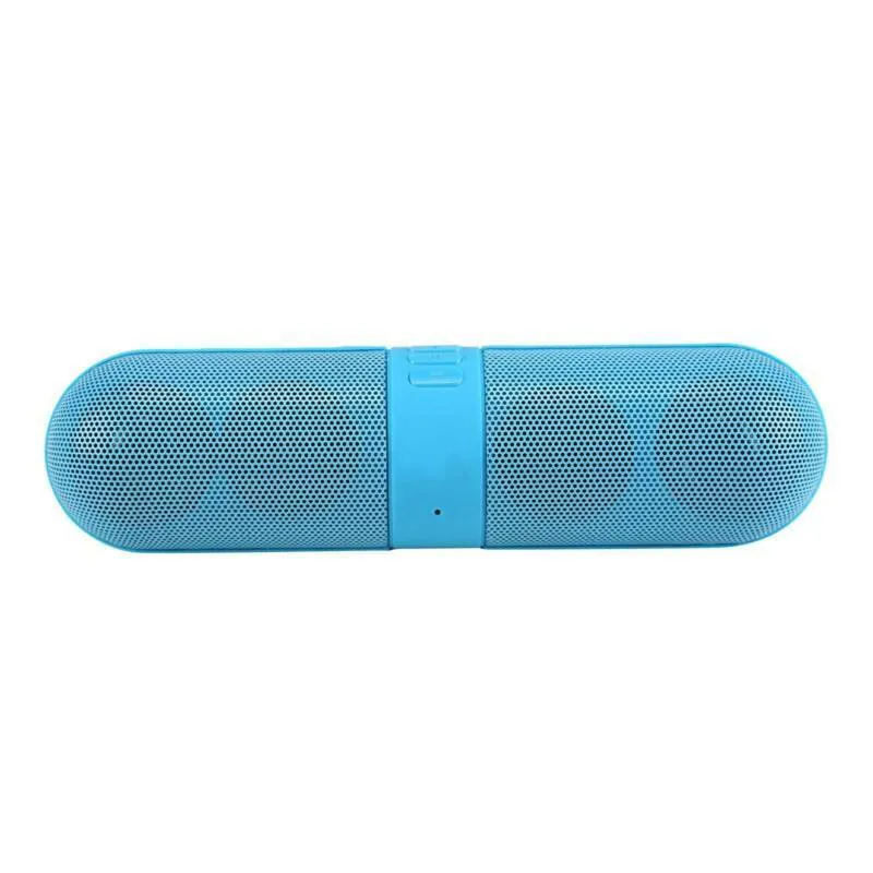 Portable pill Bluetooth audio speaker in blue with button controls and plastic shell